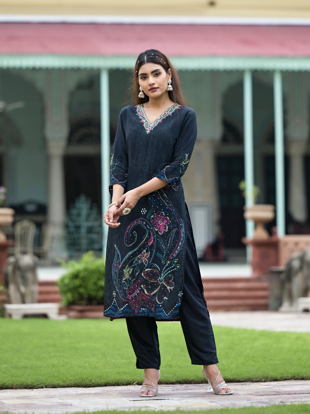 Black Floral Printed Sequined Muslin Suit Set