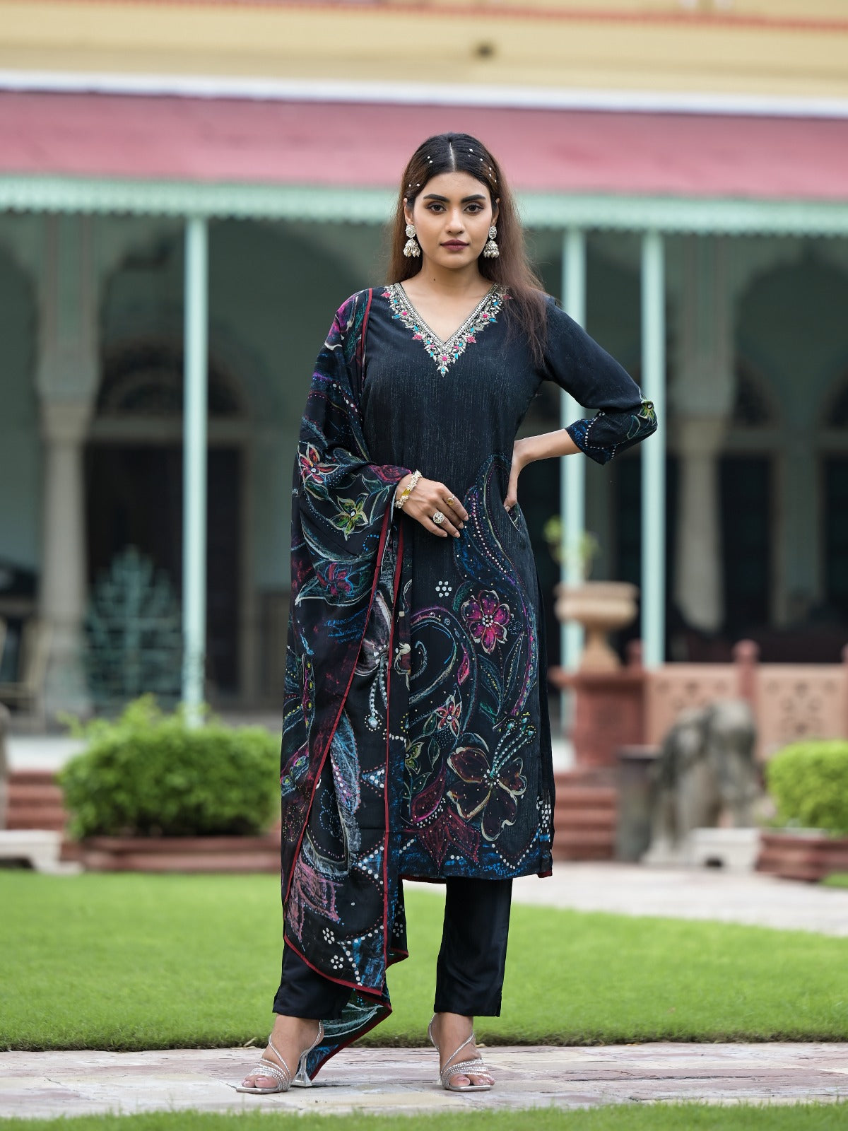 Black Floral Printed Sequined Muslin Suit Set