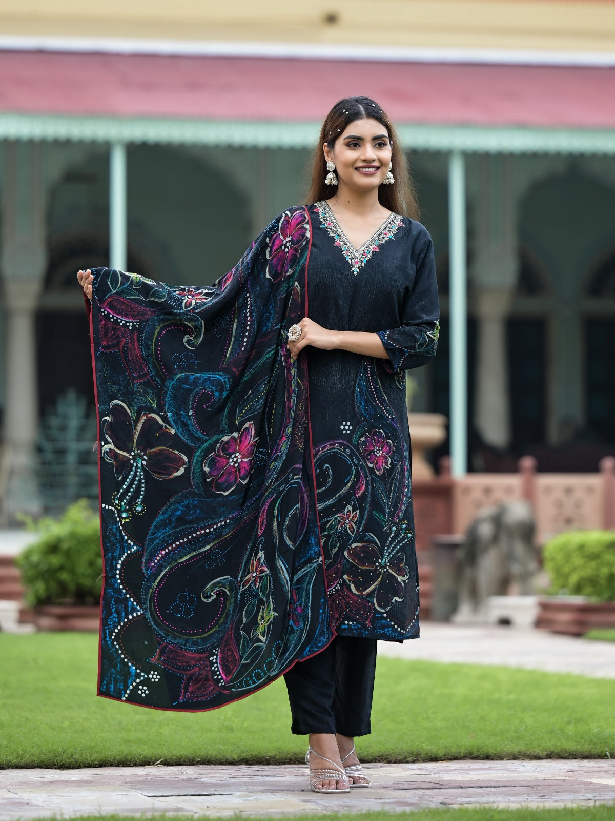 Black Floral Printed Sequined Muslin Suit Set