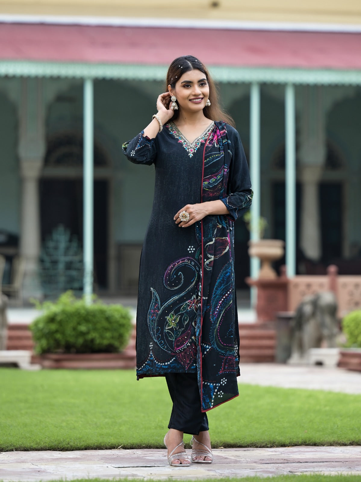 Black Floral Printed Sequined Muslin Suit Set