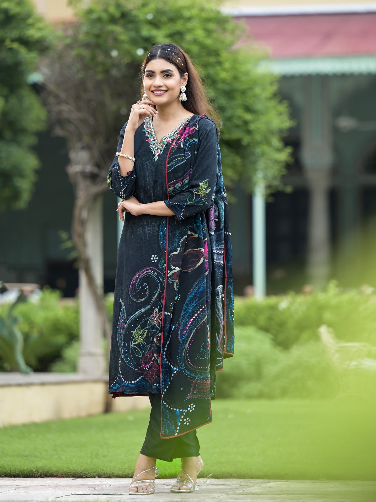 Black Floral Printed Sequined Muslin Suit Set