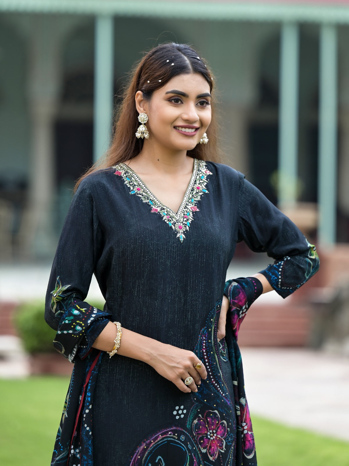 Black Floral Printed Sequined Muslin Suit Set