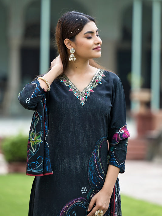 Black Floral Printed Sequined Muslin Suit Set