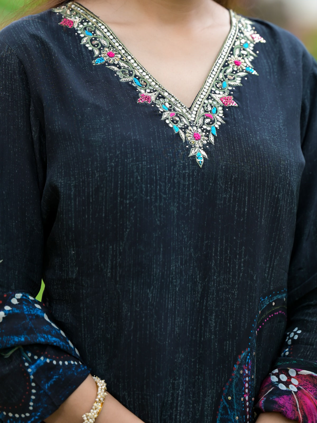 Black Floral Printed Sequined Muslin Suit Set