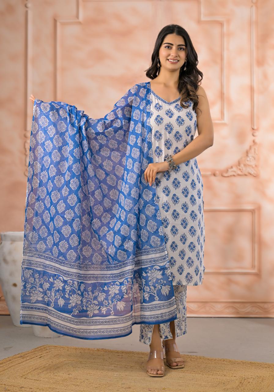 Blue Garden Strappy Cotton Suit Set