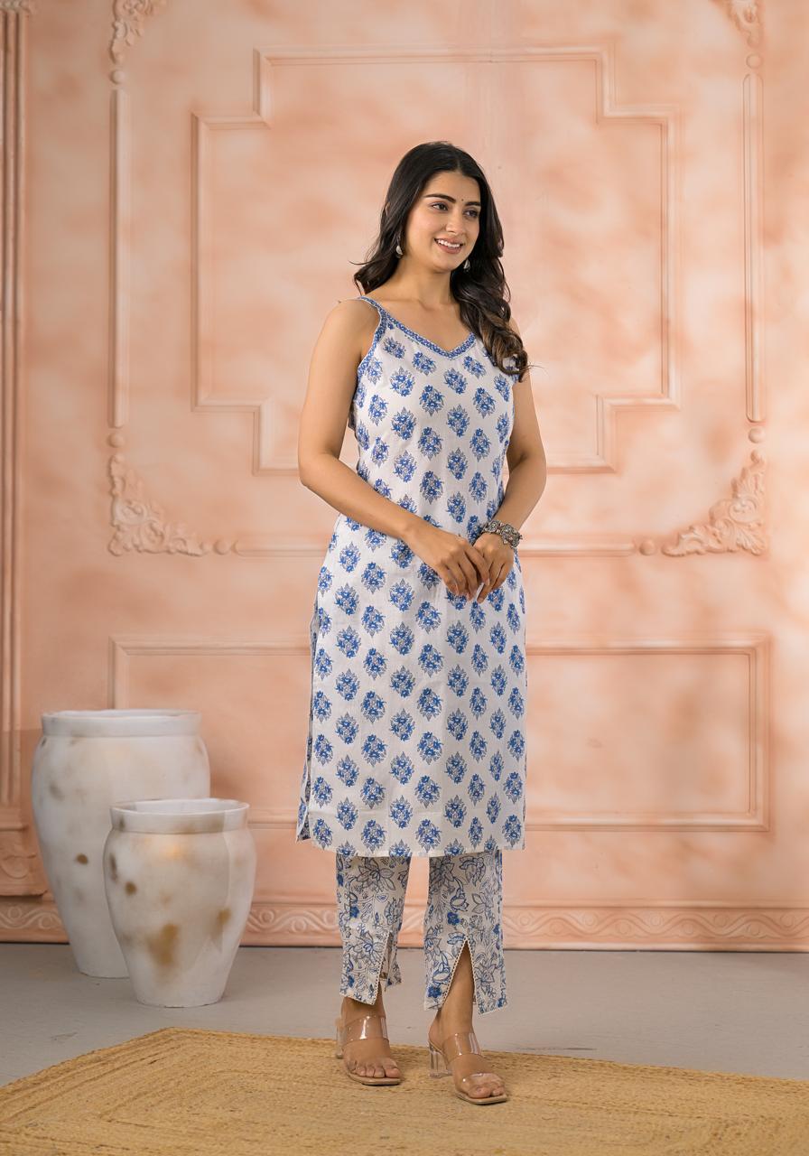 Blue Garden Strappy Cotton Suit Set