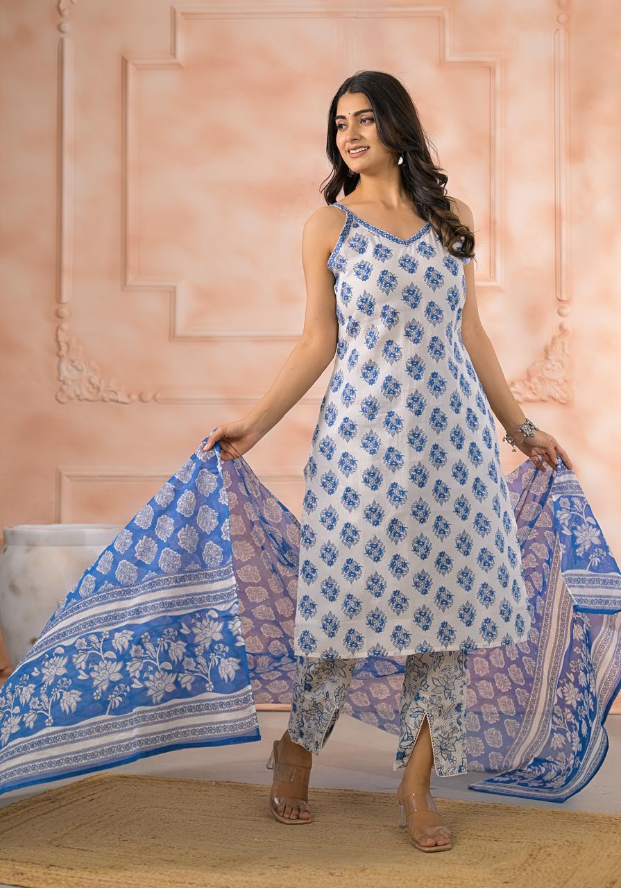 Blue Garden Strappy Cotton Suit Set