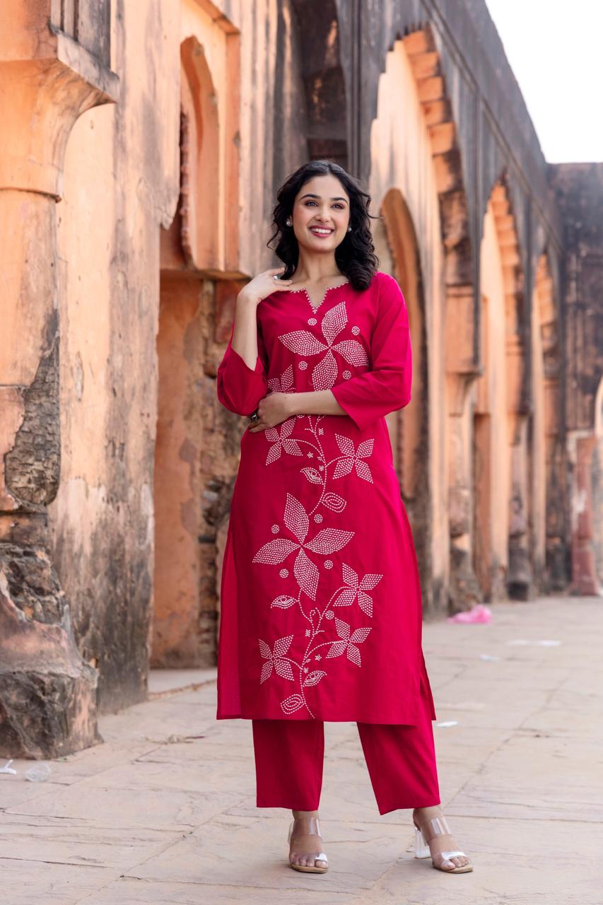 Red Embroidered Cotton Kurta Pant