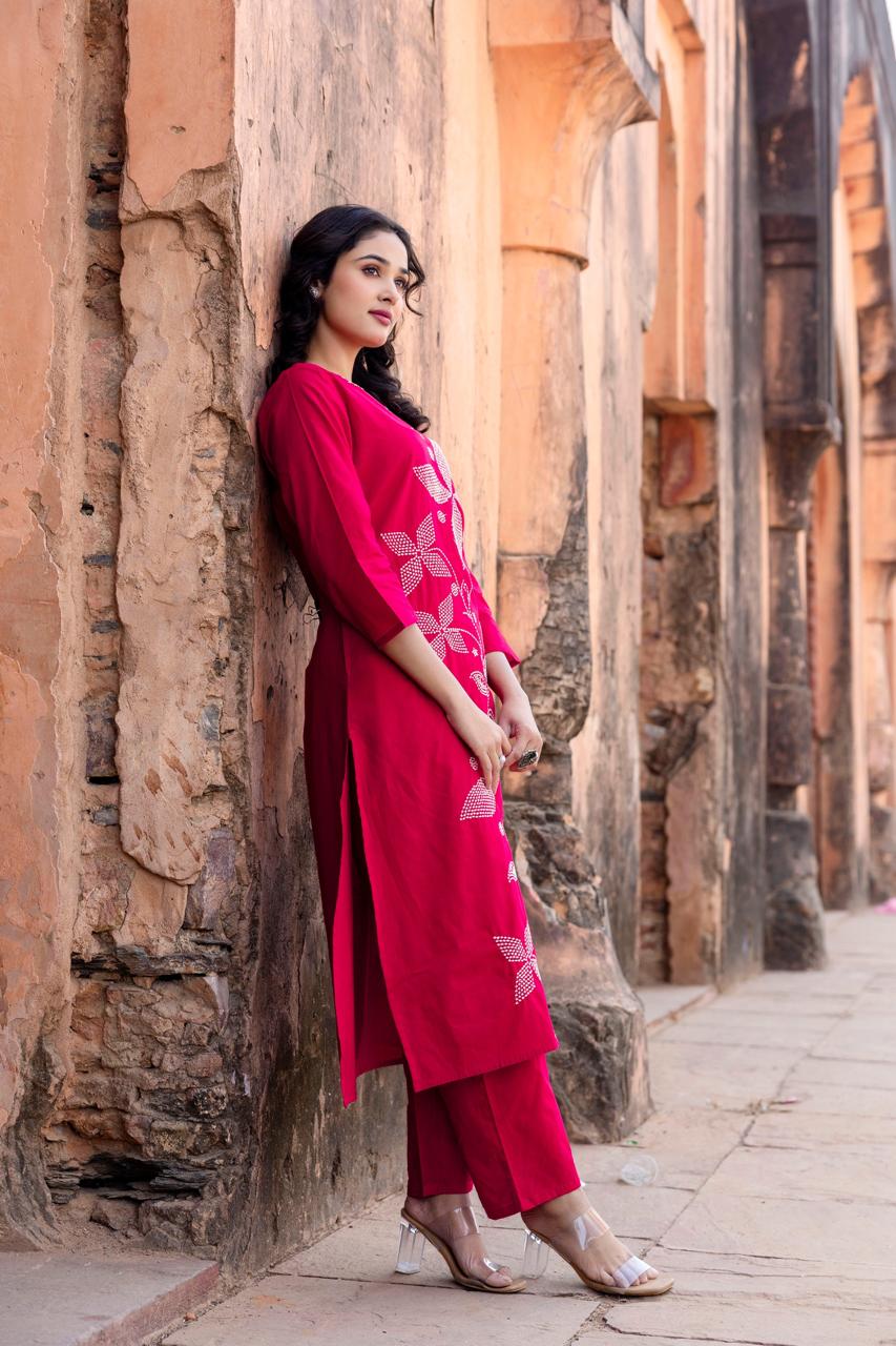 Red Embroidered Cotton Kurta Pant