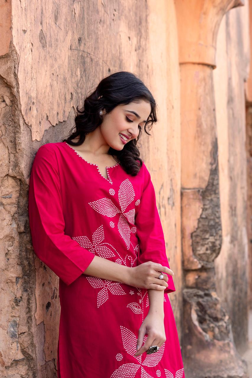 Red Embroidered Cotton Kurta Pant