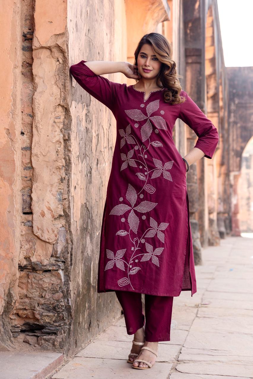 Wine Embroidered Cotton Kurta Pant