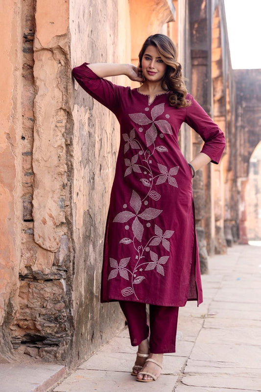 Wine Embroidered Cotton Kurta Pant
