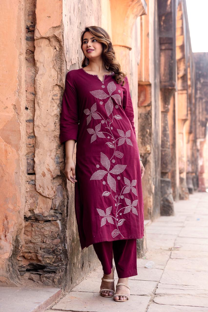 Wine Embroidered Cotton Kurta Pant