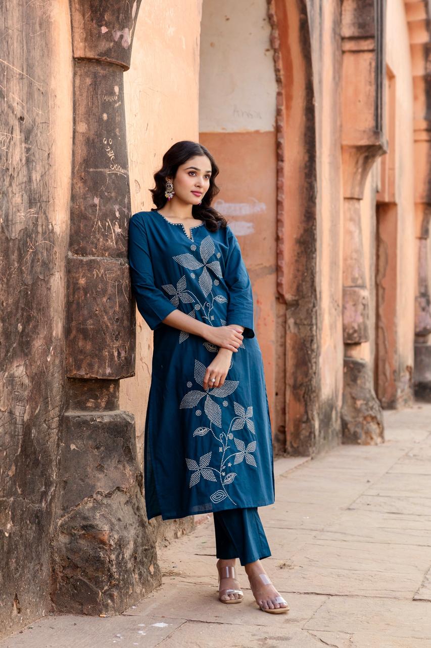Teal Blue Embroidered Cotton Kurta Pant