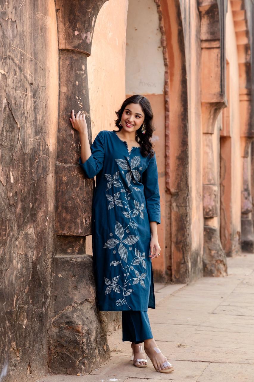 Teal Blue Embroidered Cotton Kurta Pant