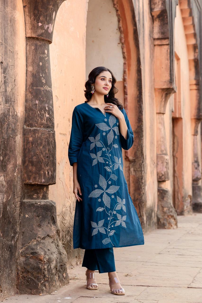 Teal Blue Embroidered Cotton Kurta Pant