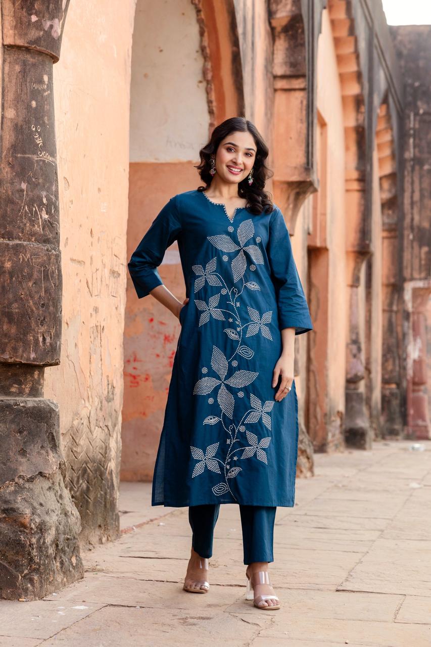 Teal Blue Embroidered Cotton Kurta Pant