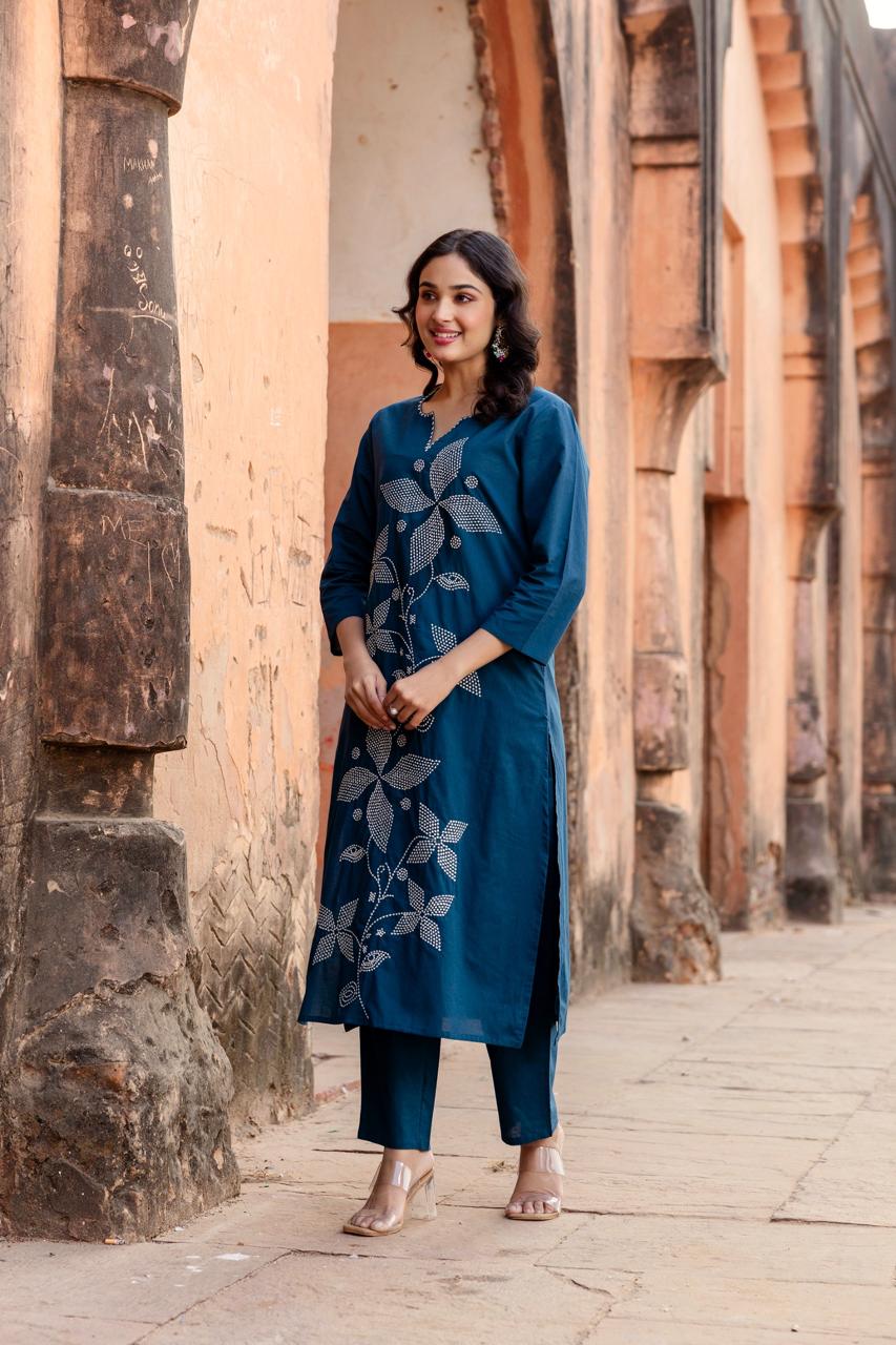 Teal Blue Embroidered Cotton Kurta Pant