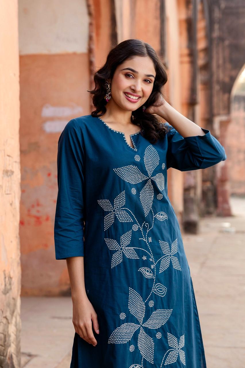 Teal Blue Embroidered Cotton Kurta Pant