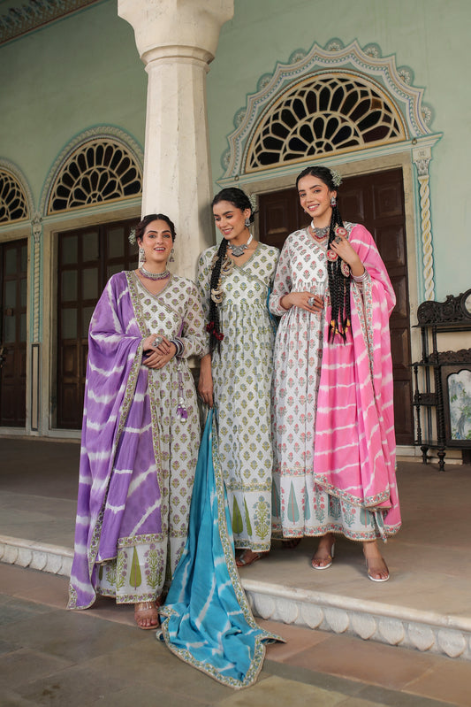 Pink Hand Block Printed Cotton Mulmul Gown with Dupatta