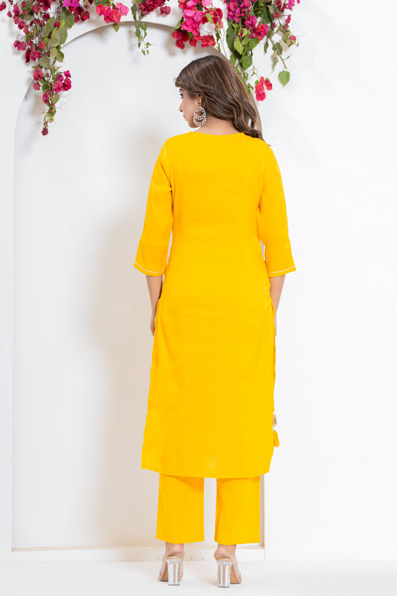 Embroidered Mirror Kurta Set in Yellow and Pink