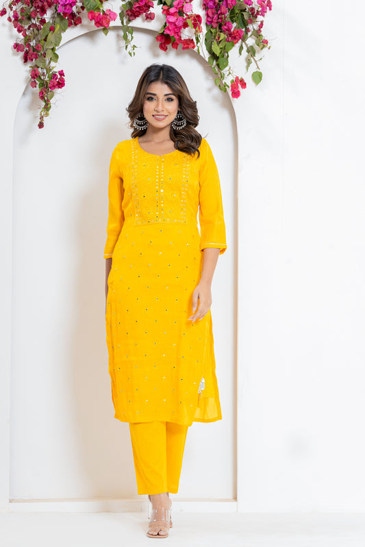 Embroidered Mirror Kurta Set in Yellow and Pink