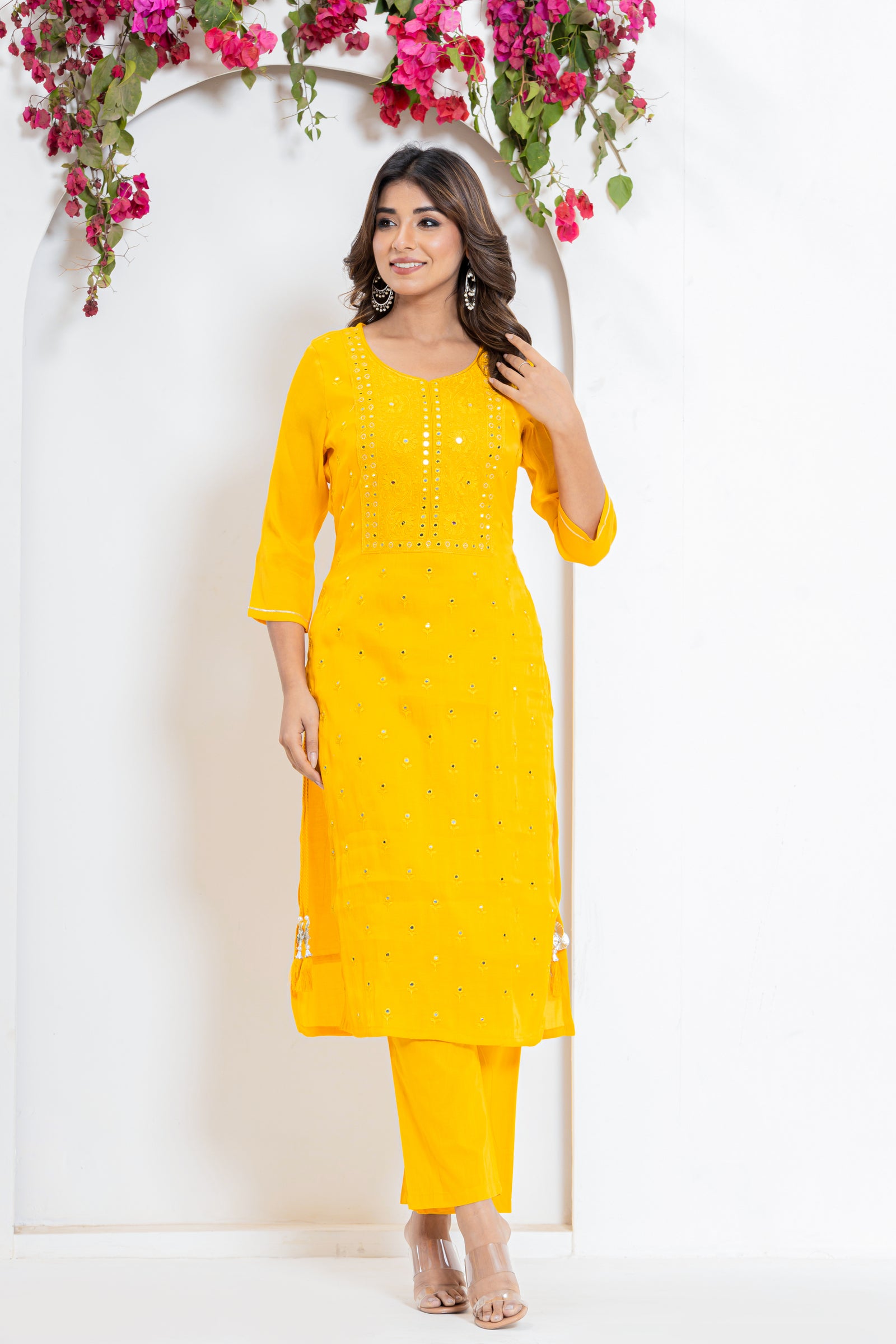 Embroidered Mirror Kurta Set in Yellow and Pink