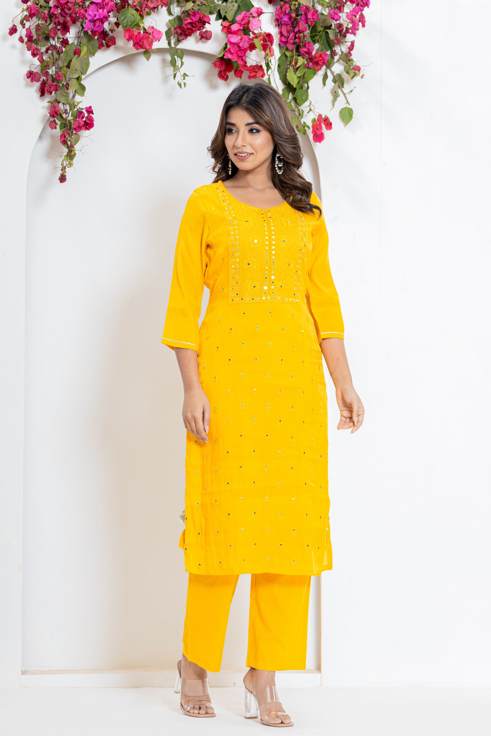 Embroidered Mirror Kurta Set in Yellow and Pink