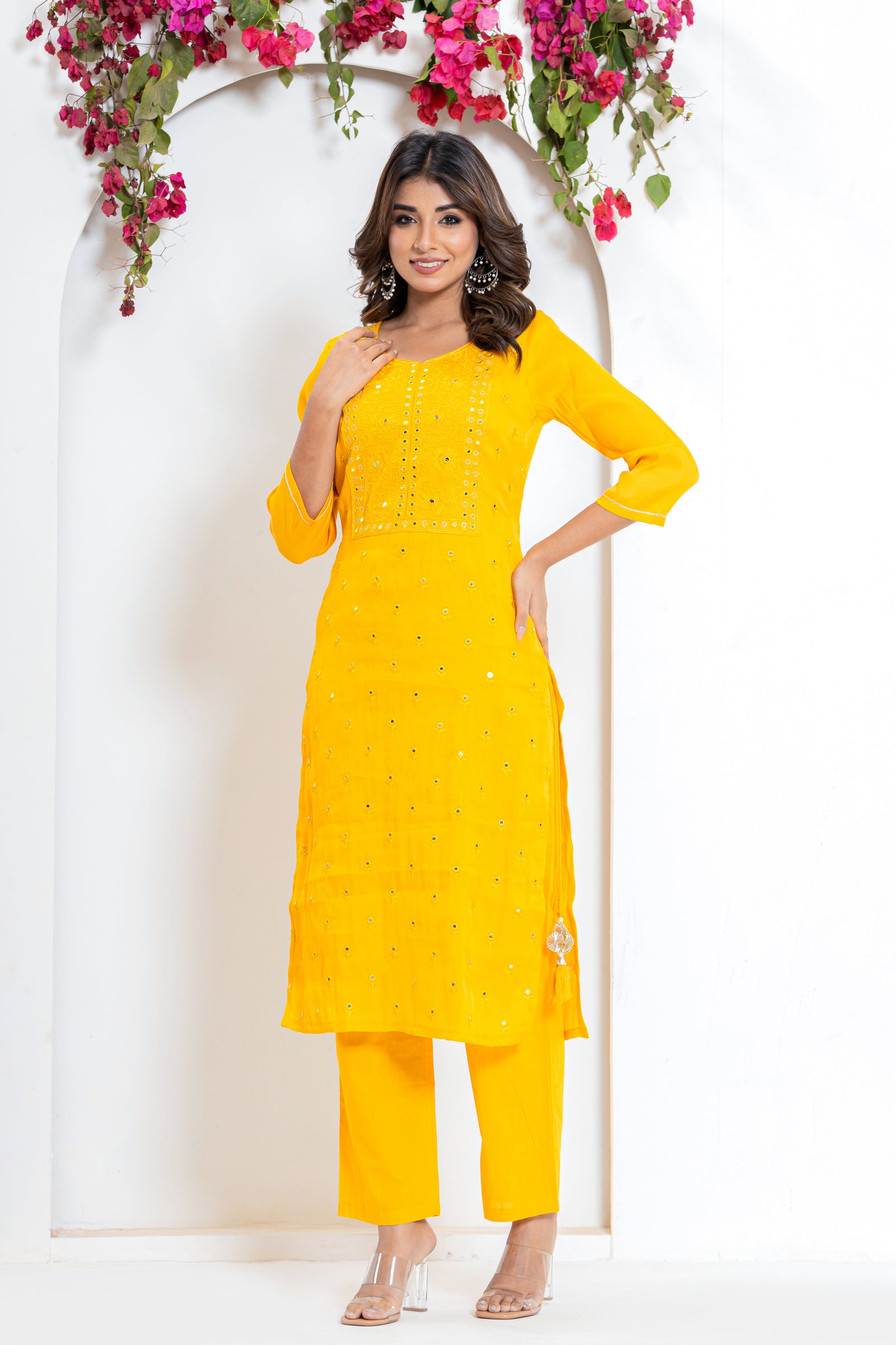 Embroidered Mirror Kurta Set in Yellow and Pink