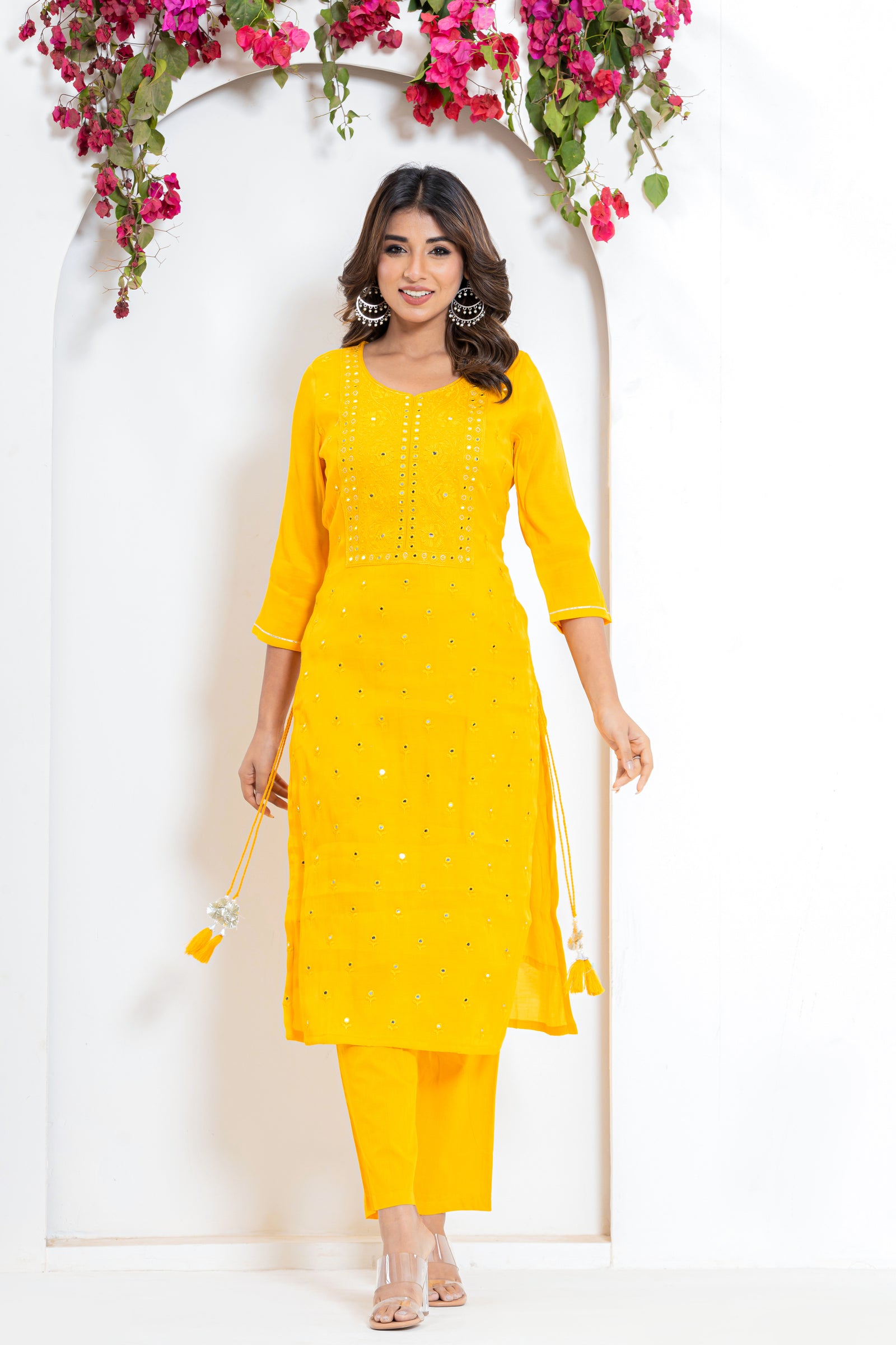 Embroidered Mirror Kurta Set in Yellow and Pink