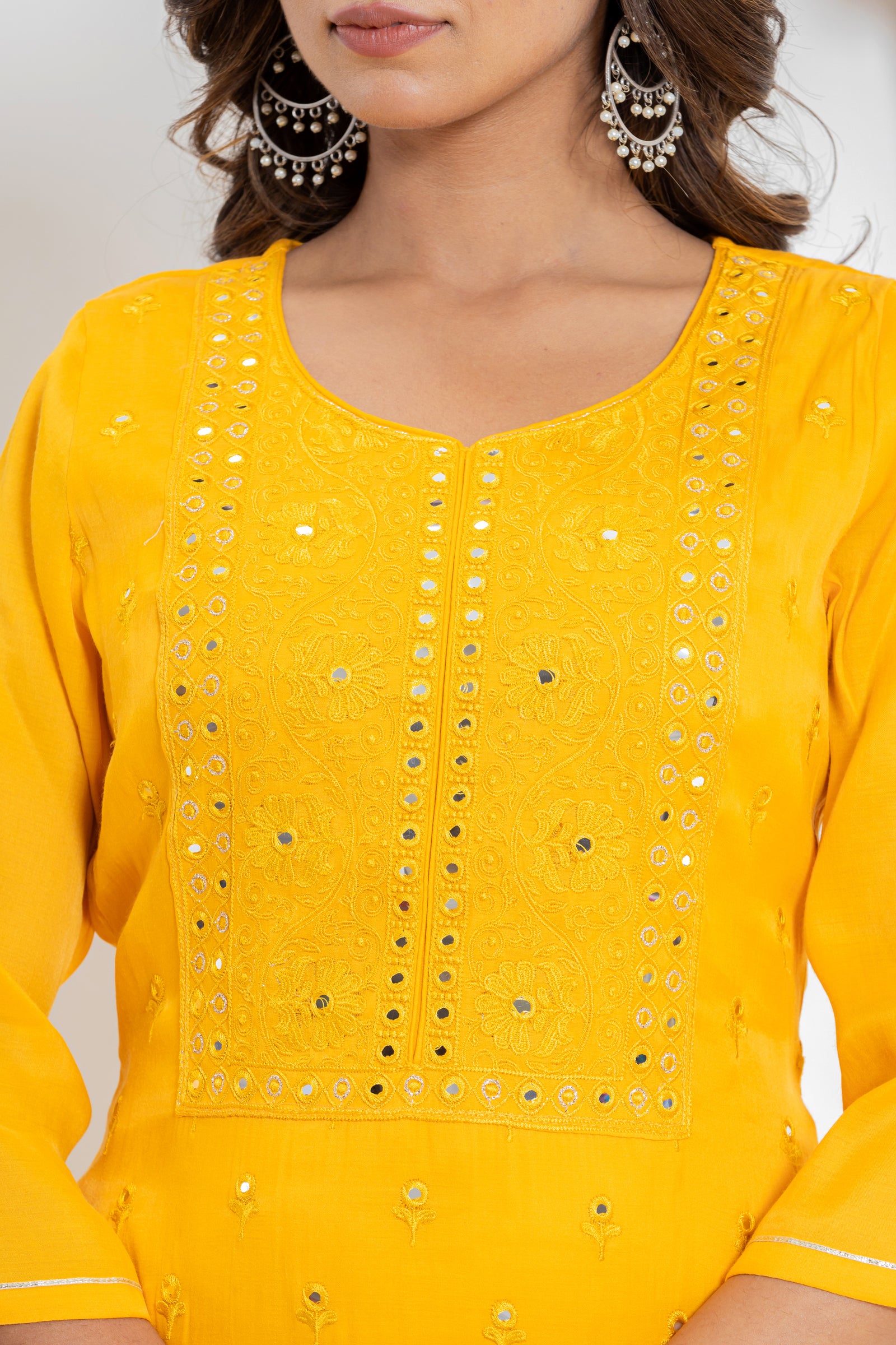 Embroidered Mirror Kurta Set in Yellow and Pink