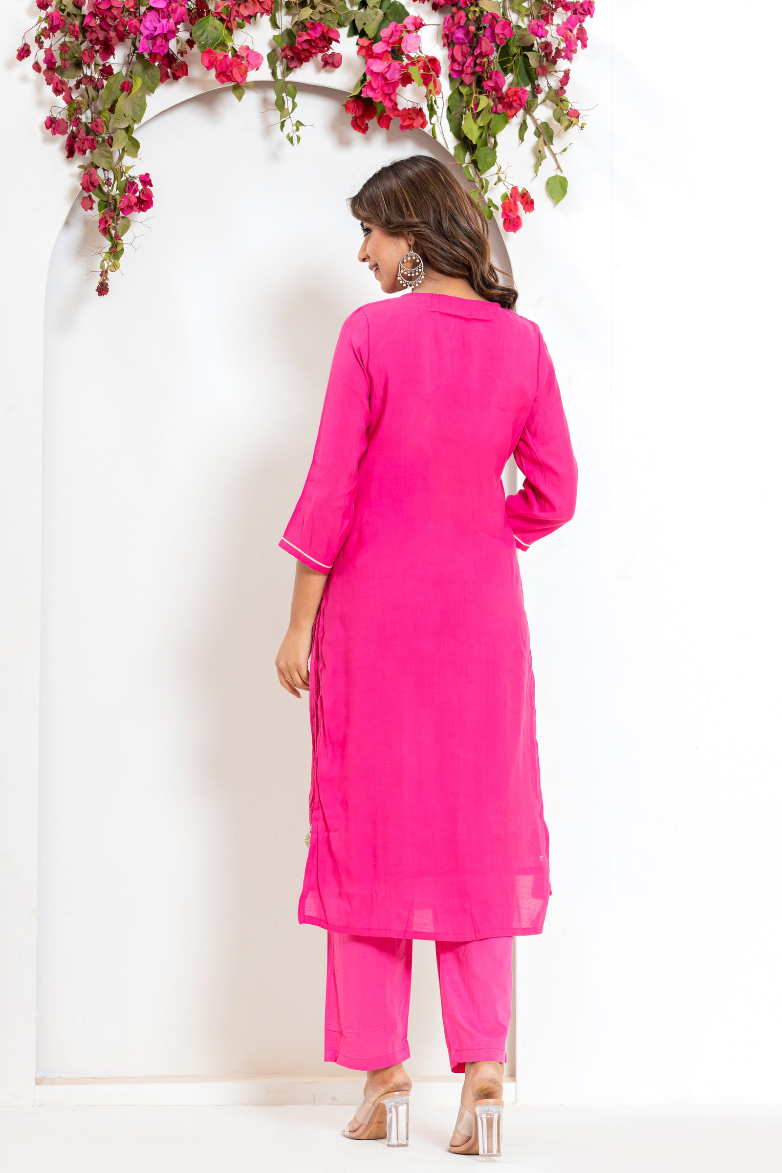 Embroidered Mirror Kurta Set in Yellow and Pink