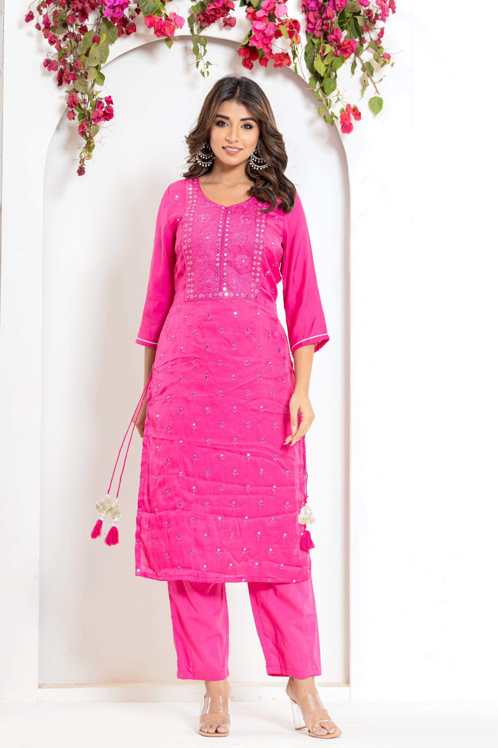 Embroidered Mirror Kurta Set in Yellow and Pink