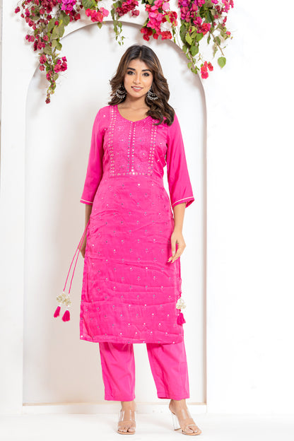 Embroidered Mirror Kurta Set in Yellow and Pink