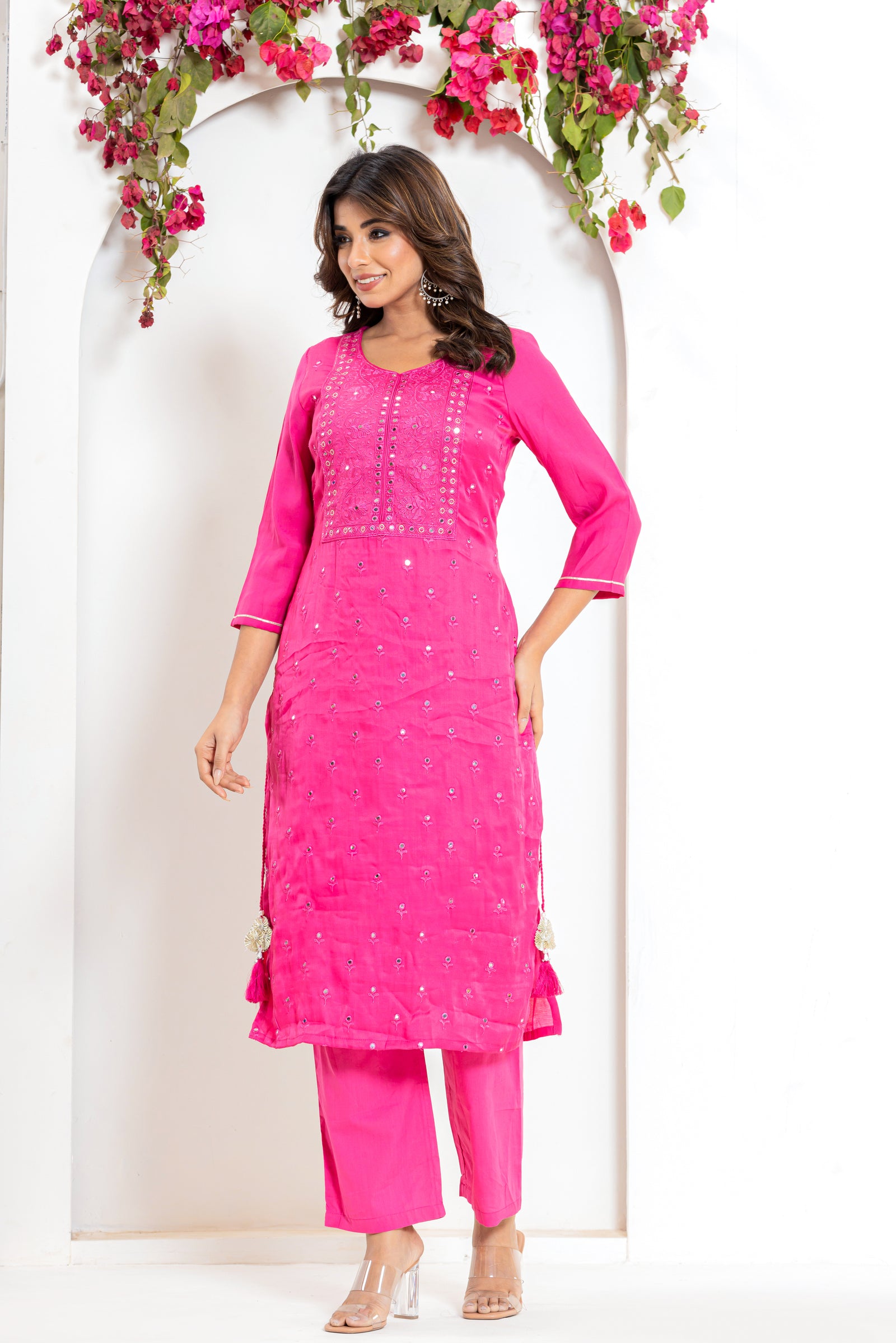 Embroidered Mirror Kurta Set in Yellow and Pink