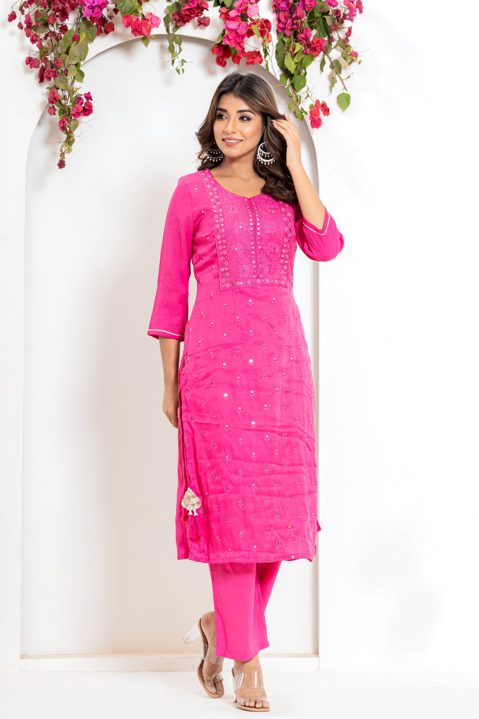 Embroidered Mirror Kurta Set in Yellow and Pink