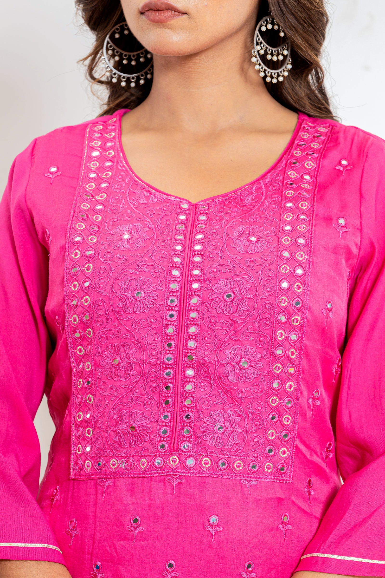 Embroidered Mirror Kurta Set in Yellow and Pink