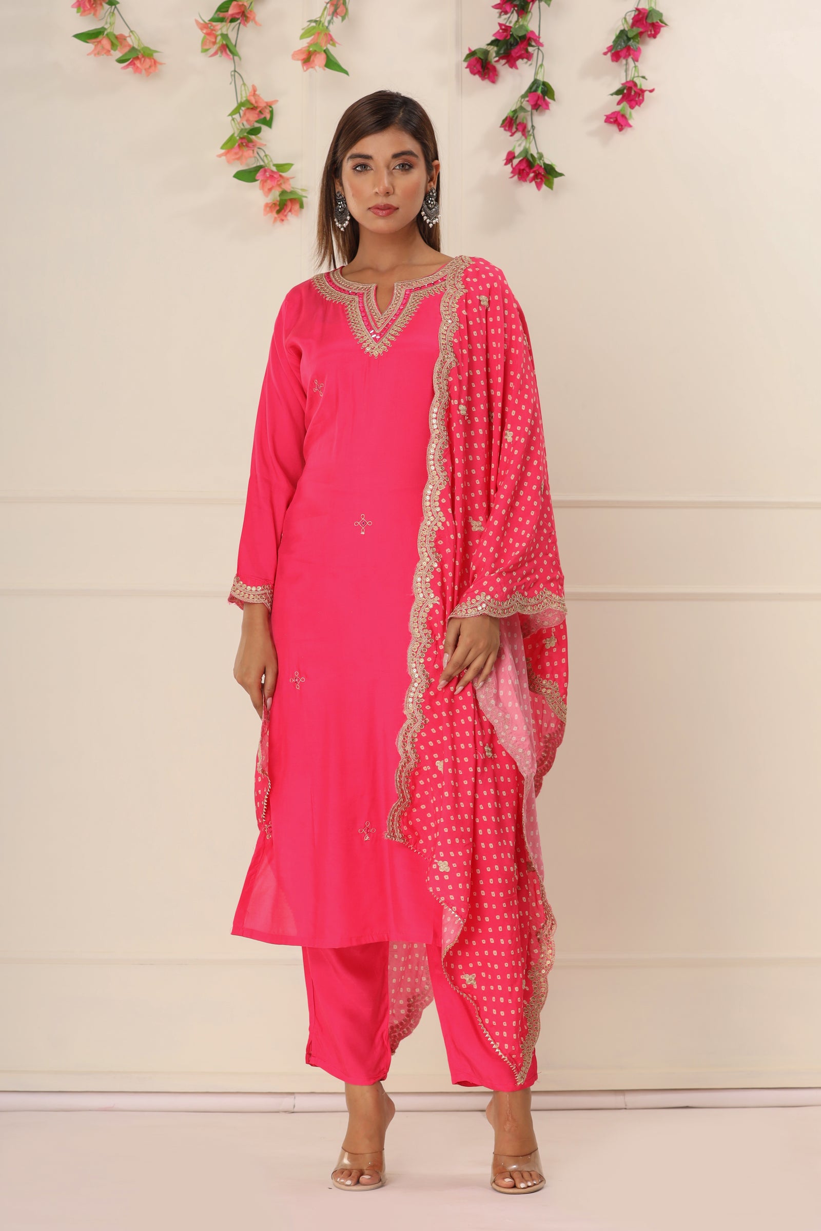 Pink Fuchsia Embroidered Suit Set with Dupatta