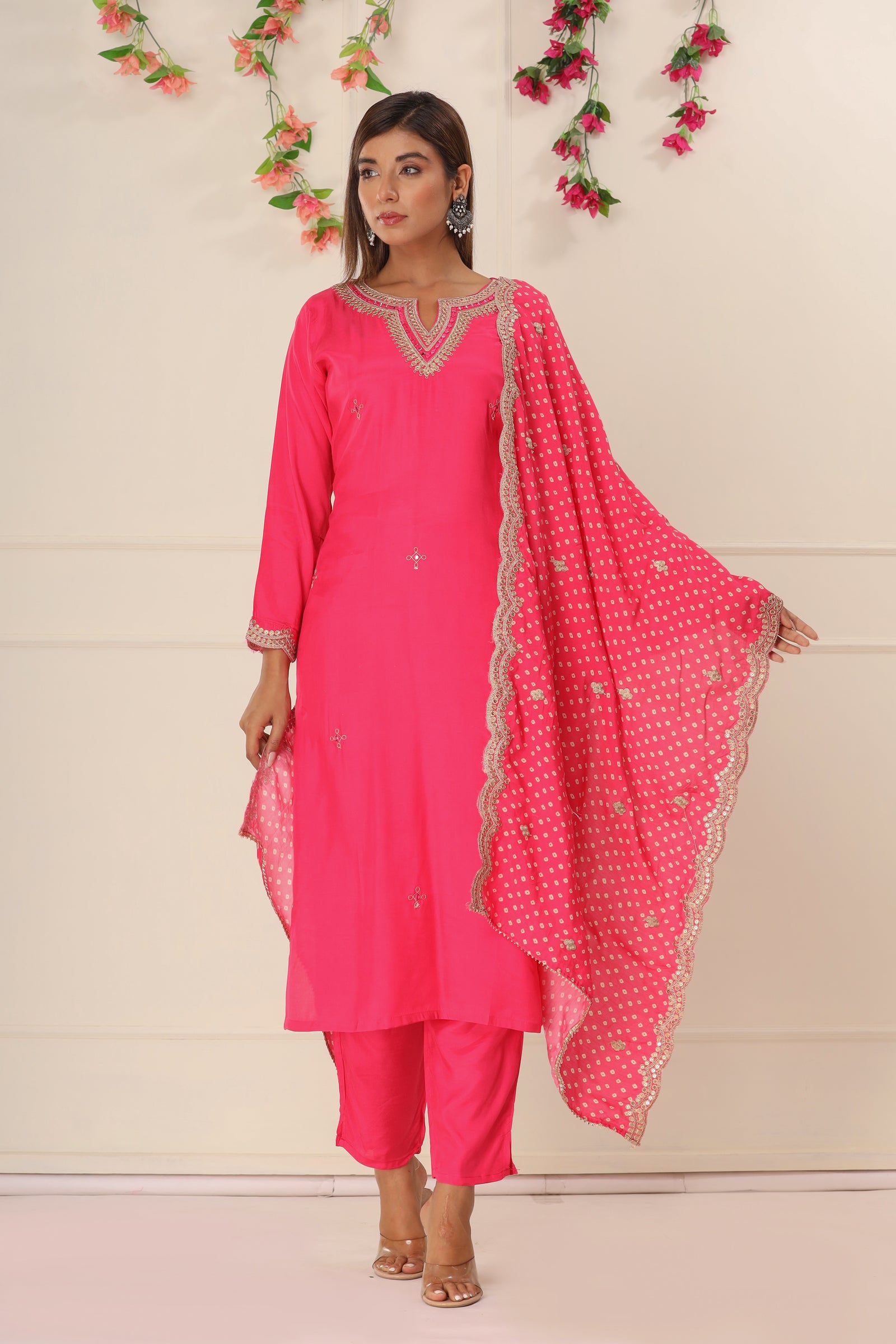 Pink Fuchsia Embroidered Suit Set with Dupatta