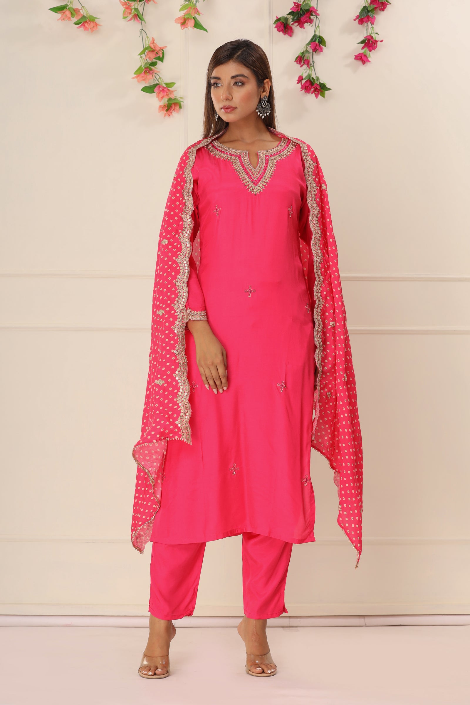 Pink Fuchsia Embroidered Suit Set with Dupatta