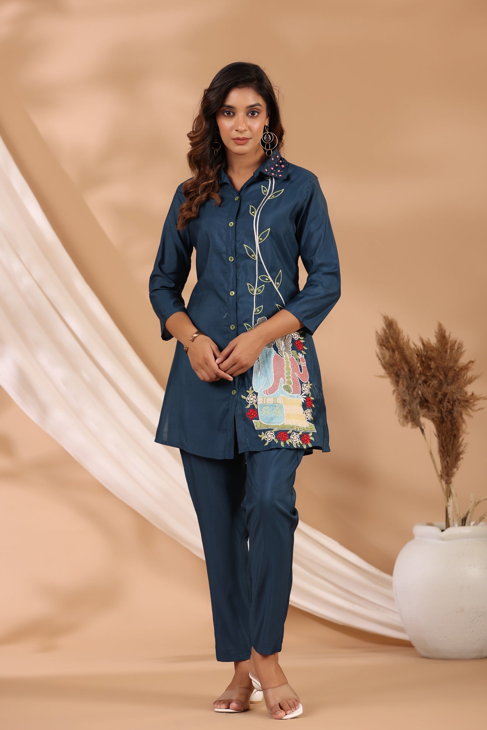 Blue Roman Silk Embroidered Coord Set