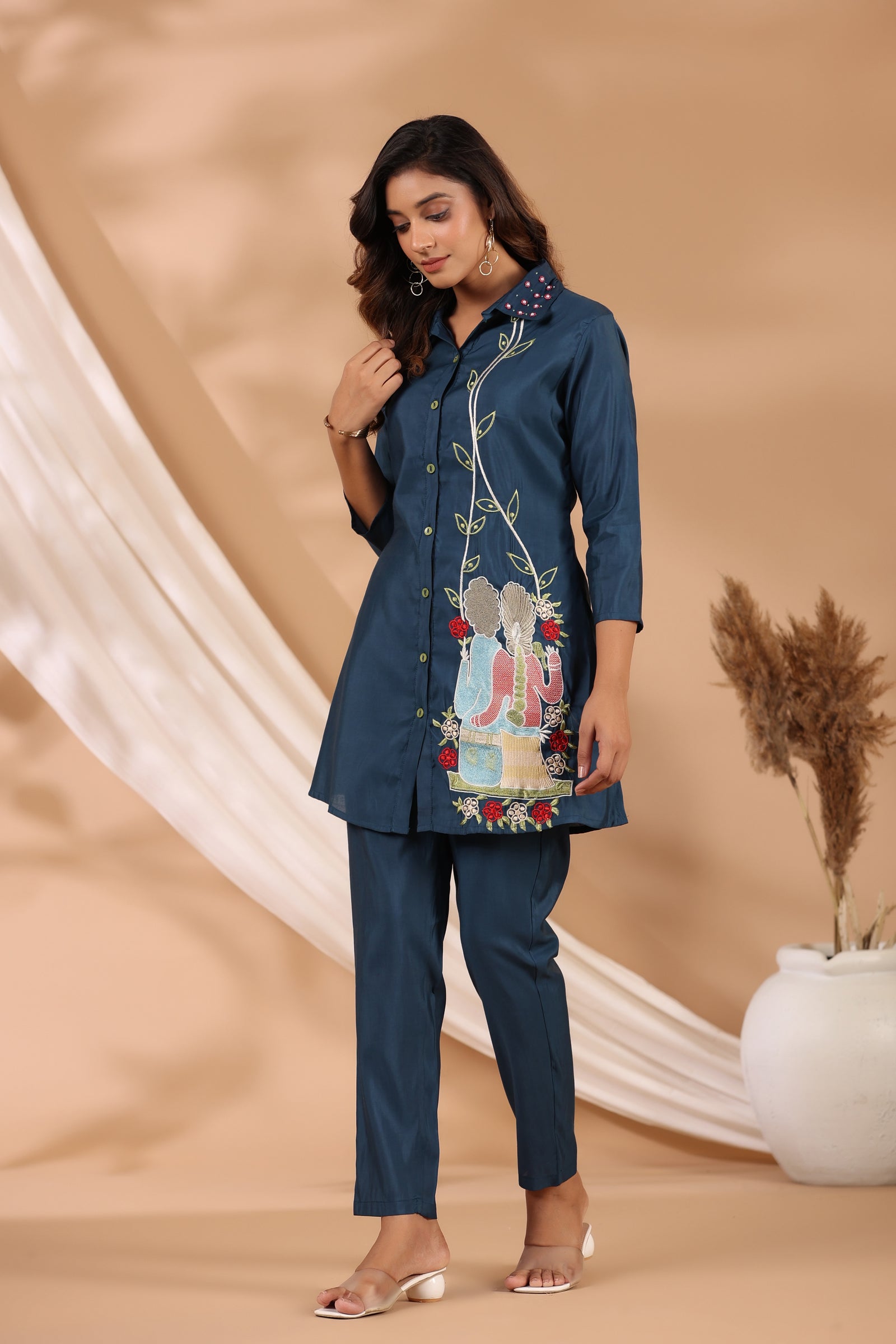 Blue Roman Silk Embroidered Coord Set