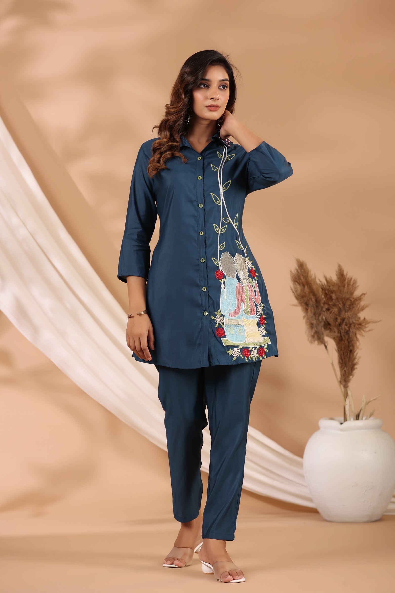 Blue Roman Silk Embroidered Coord Set