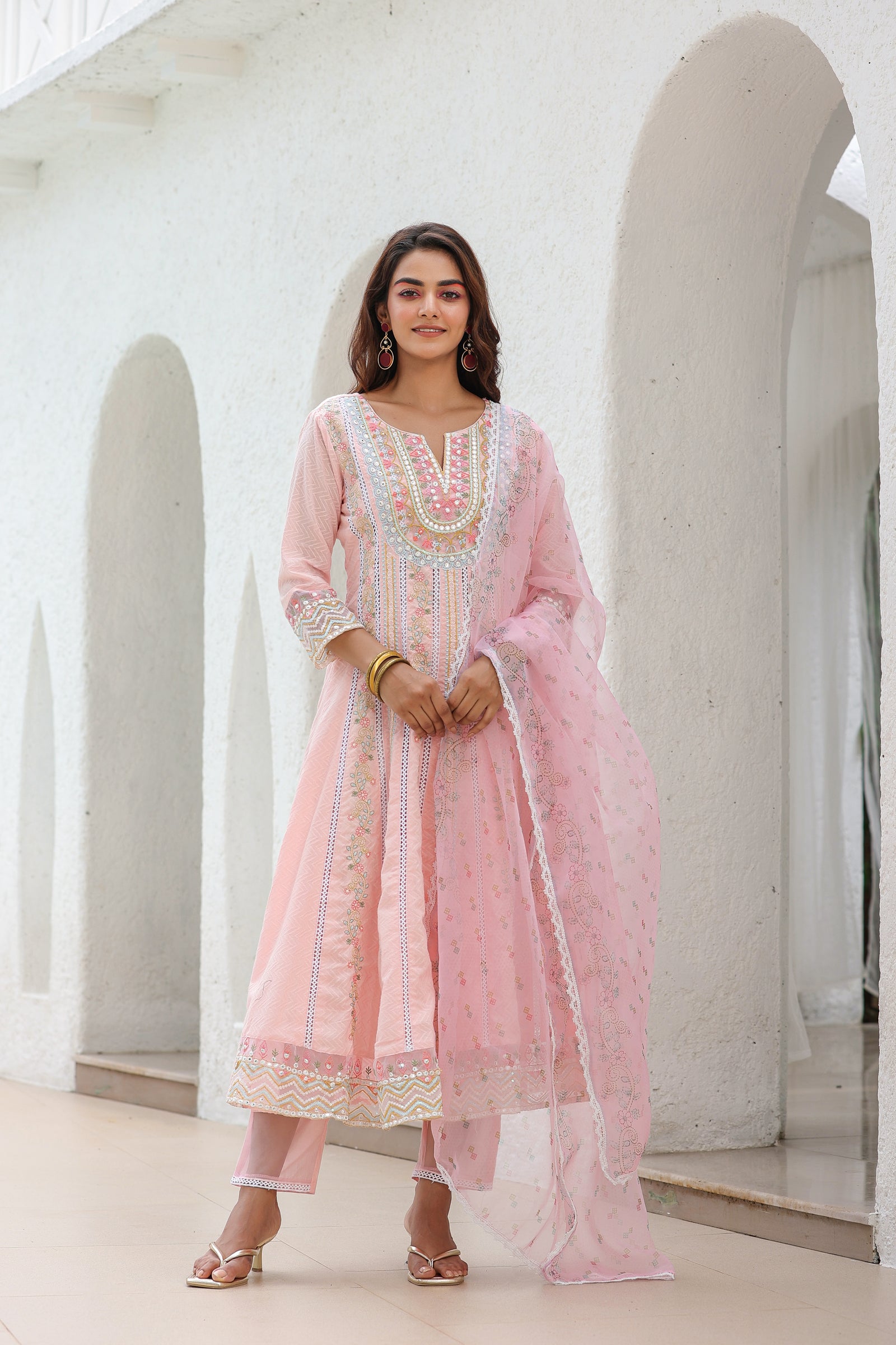 Pink Anarkali Suit Set with Organza dupatta