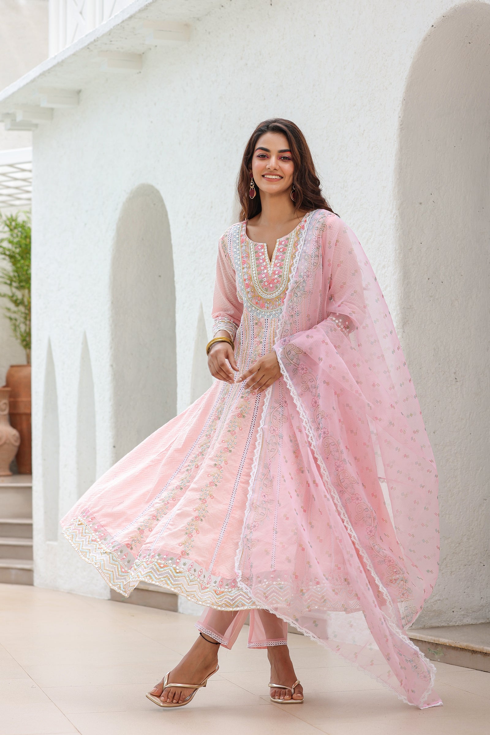 Pink Anarkali Suit Set with Organza dupatta