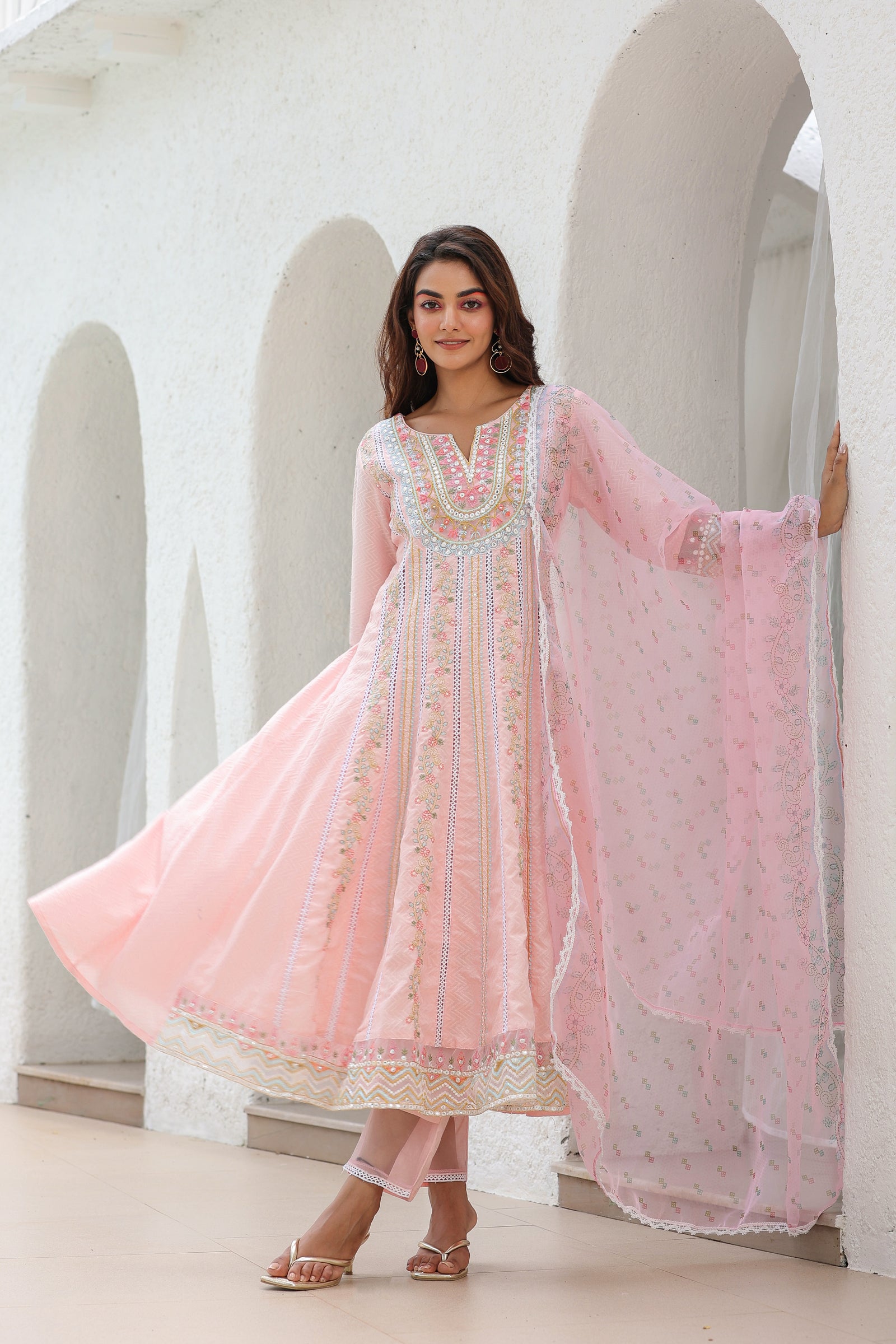 Pink Anarkali Suit Set with Organza dupatta