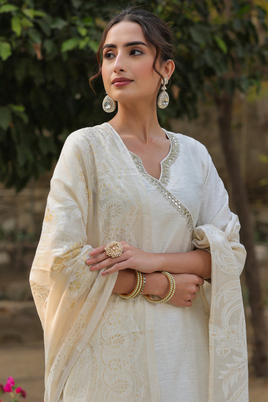 Beige Angrakha Kurta Suit Set with Intricate Hand Work