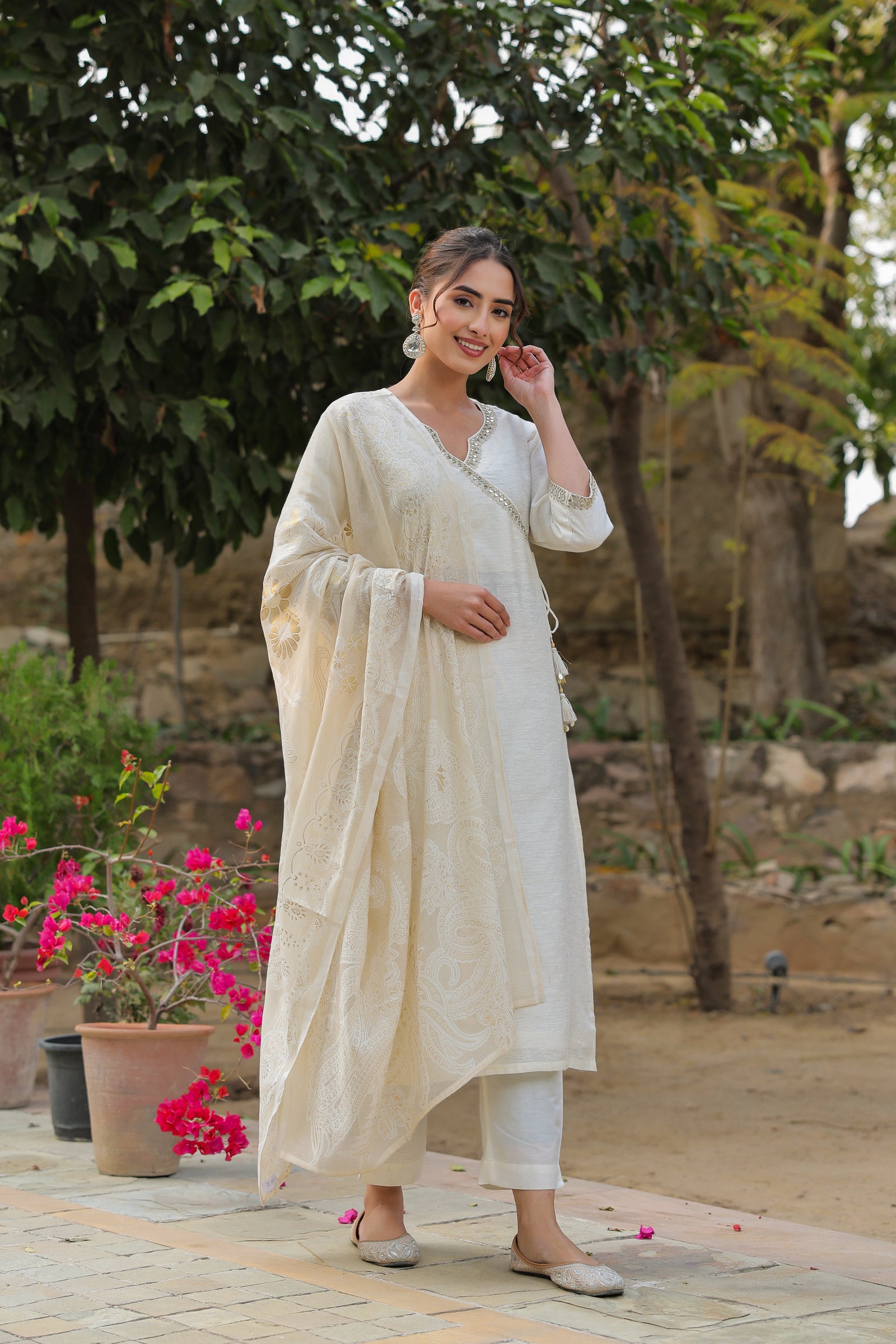 Beige Angrakha Kurta Suit Set with Intricate Hand Work