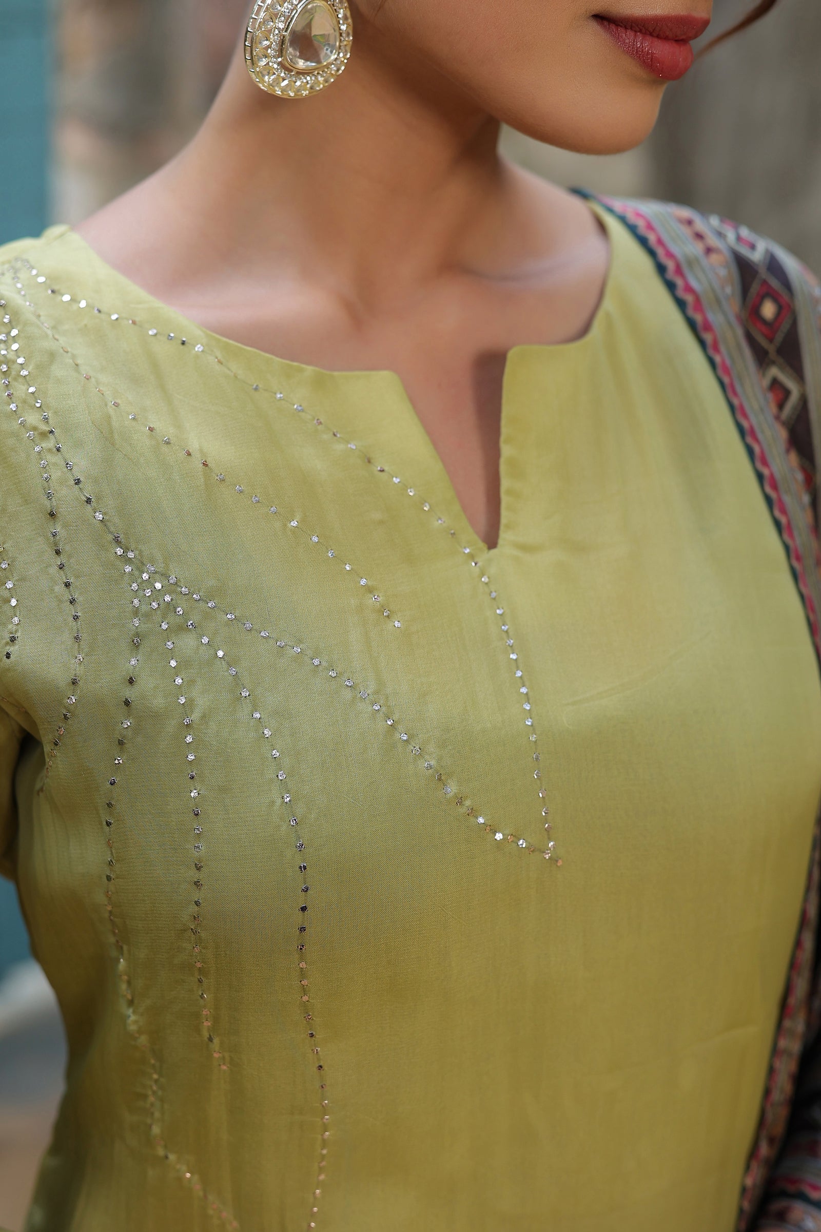 Lime Green Kurta Suit Set with Detailed Mukesh Embroidery