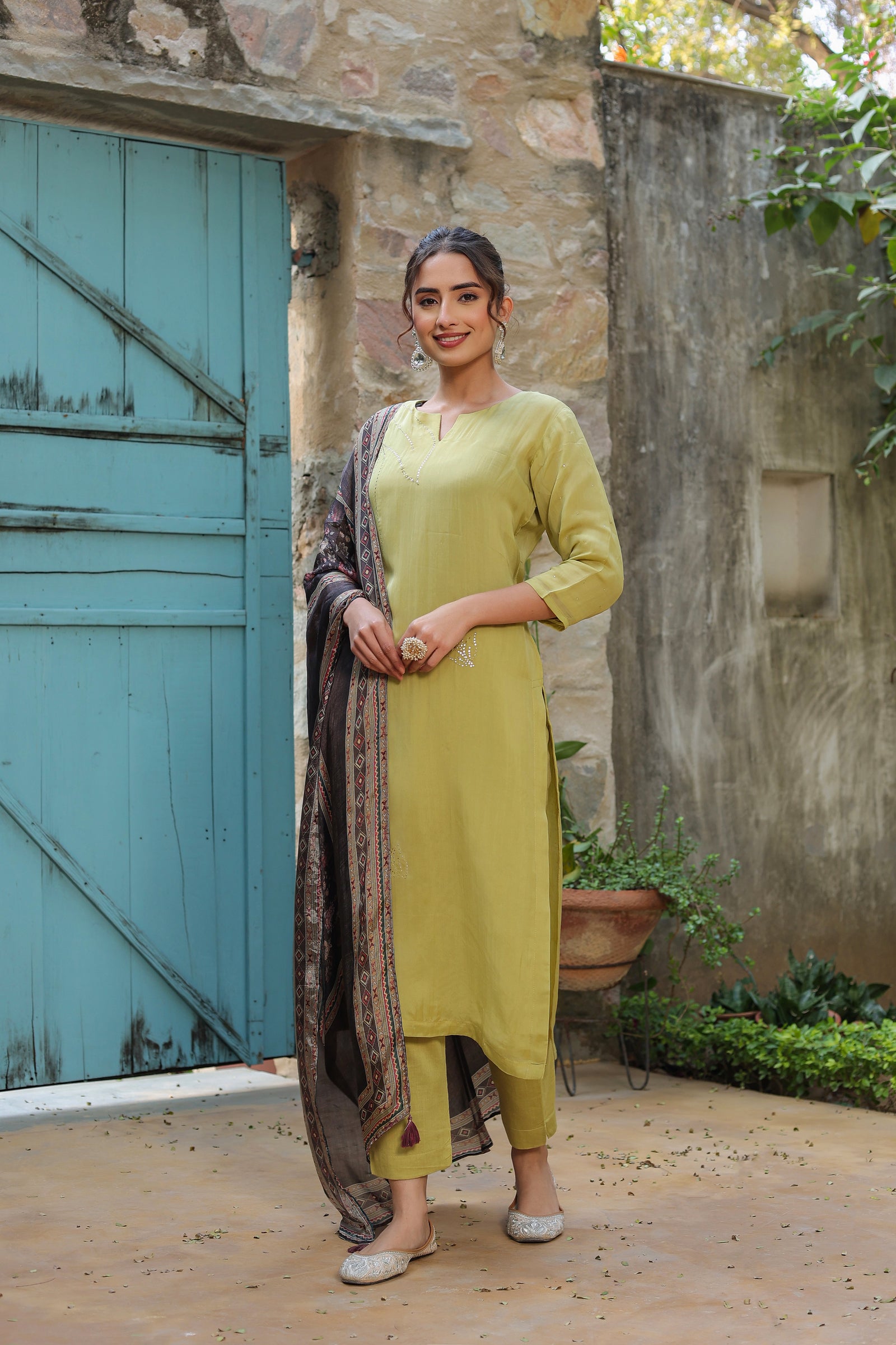 Lime Green Kurta Suit Set with Detailed Mukesh Embroidery